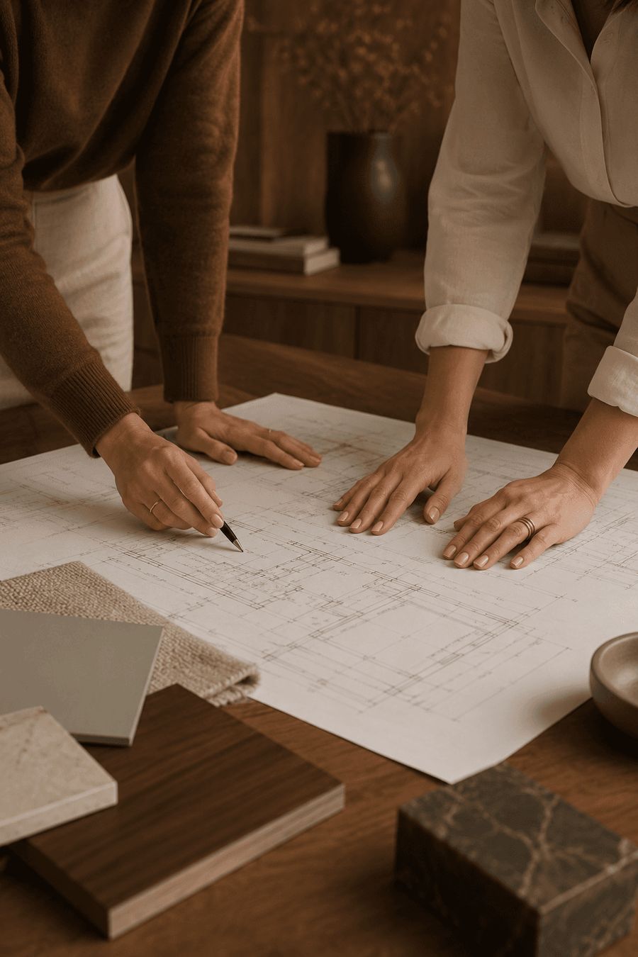 Hands working on a floor plan with material samples
